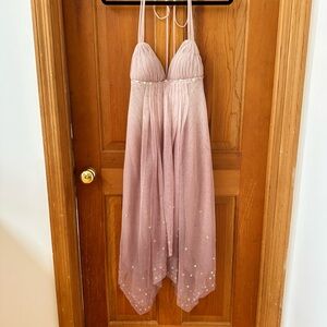 BCBGMaxAzria Blush Pink Tulle Dress with appliqué and Halter neck tie.
